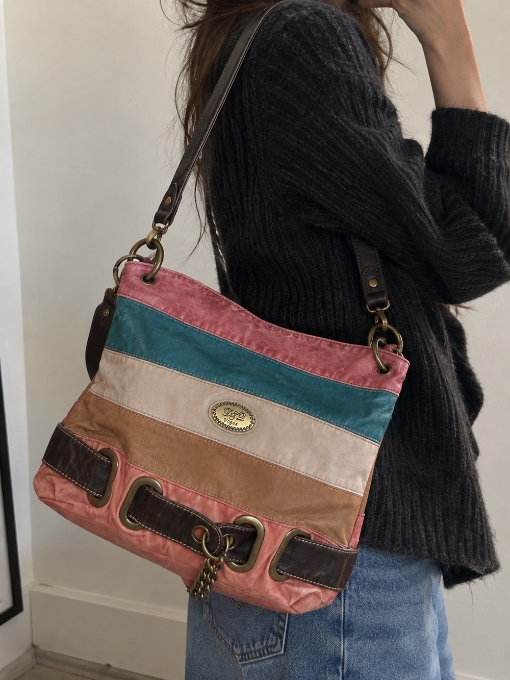 D&Q Vogue Y2K Multicolor Colorblock Shoulder Bag Boho Retro Purse